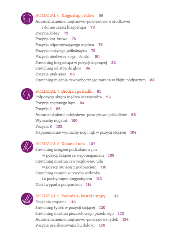  Spis treści 2 do książki Stretching dla zachowania młodości - Jessica Matthews ROZDZIAŁ 6: Kręgosłup i tułów 69 Autorozluźnienie mięśniowo-powięziowe w środkowej  i dolnej części kręgosłupa 70 Pozycja kobry 72 Pozycja kot-krowa 74 Pozycja odpoczywającego mędrca 76 Pozycja stojącego półksiężyca 78 Pozycja niedźwiedziego uścisku 80 Stretching kręgosłupa w pozycji klęczącej 82 Stretching od stóp do głów 84 Pozycja ptak-pies 86 Stretching mięśnia czworobocznego ramion w klęku podpartym 88 R OZDZIAŁ 7: Biodra i pośladki 91 Półpozycja skrętu mędrca Matsyendra 92 Pozycja spętanego kąta 94 Pozycja 4 96 Autorozluźnienie mięśniowo-powięziowe pośladków 98 Wymachy nogami 100 Pozycja 8 102 Naprzemienne wymachy nóg i rąk w pozycji stojącej 104 R OZDZIAŁ 8: Kolana i uda 107 Stretching ścięgien podkolanowych  w pozycji leżącej ze wspomaganiem 108 Stretching mięśnia czworogłowego uda  w pozycji stojącej z podparciem 110 Stretching ramion w pozycji rozkroku  i z pochylonym kręgosłupem 112 Niski wypad z podparciem 114 R OZDZIAŁ 9: podudzia, kostki i stopy… 117 Krążenia stopami 118 Stretching łydek w pozycji stojącej 120 Stretching mięśnia piszczelowego przedniego 122 Autorozluźnienie mięśniowo-powięziowe łydek 124 Pozycja psa skierowana ku dołowi 126