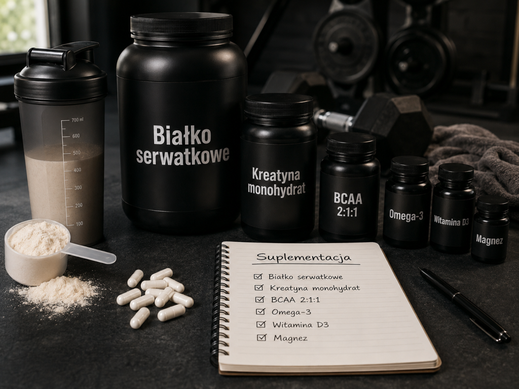 Suplementacja sportowca z odżywką białkową, kreatyną, BCAA, omega-3, witaminą D3, magnezem, shakerem i notatnikiem z listą suplementów.
