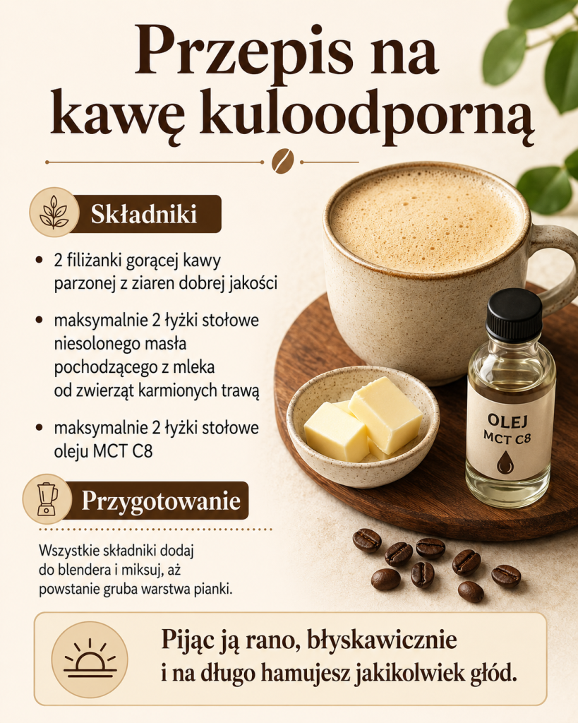 Przepis na kawę kuloodporną na jasnym tle, z filiżanką spienionej kawy, butelką oleju MCT, kostką masła i ziarnami kawy. Po lewej wypisano składniki: 2 filiżanki gorącej kawy z dobrej jakości ziaren, maksymalnie 2 łyżki niesolonego masła od krów karmionych trawą i maksymalnie 2 łyżki Brain Octane Oil, oleju MCT C8. Niżej podano przygotowanie: wszystkie składniki dodaj do blendera i miksuj, aż powstanie gruba warstwa pianki. Na dole zaznaczono, że wypita rano na długo hamuje głód. Przepis pochodzi z książki Dieta kuloodporna - biohacking mózgu i ciała. Jak schudnąć bez głodu, odzyskać energię, poprawić metabolizm i sen, jedząc zdrowe tłuszcze i ograniczając stres, Dave Asprey