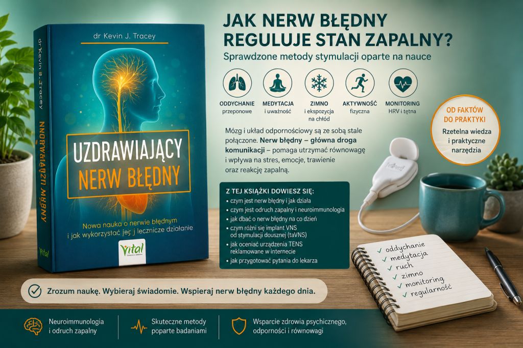Infografika przedstawiająca nerw błędny, jego wpływ na organizm oraz metody wspierania jego pracy, m.in. oddech, medytację, ruch i stymulację.