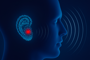 Profil głowy w odcieniach niebieskiego na ciemnym tle, z wyraźnie zaznaczonym uchem w formie geometrycznej siatki z niebieskich linii. Wewnątrz ucha czerwony punkt symbolizuje źródło dźwięku, wokół którego rozchodzą się koncentryczne fale. Obraz sugeruje zjawisko szumów usznych i ich wpływ na percepcję słuchową.