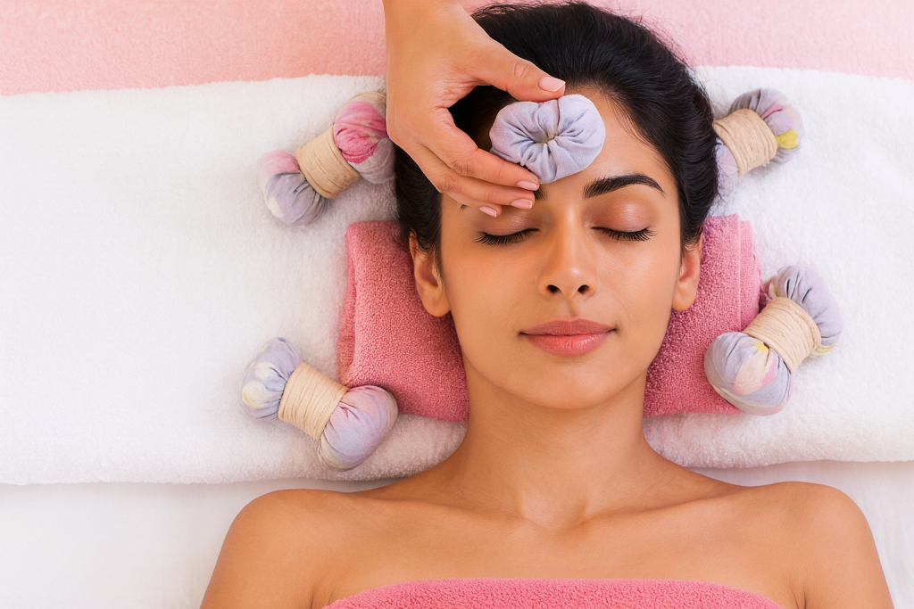 Młoda kobieta leży z zamkniętymi oczami na różowym ręczniku, otoczona ziołowymi stemplami i masowana na czole bawełnianym kompresem. Taka pielęgnacja według Ajurwedy sprzyja naturalnemu rozluźnieniu i promiennej cerze.