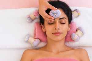 Młoda kobieta leży z zamkniętymi oczami na różowym ręczniku, otoczona ziołowymi stemplami i masowana na czole bawełnianym kompresem. Taka pielęgnacja według Ajurwedy sprzyja naturalnemu rozluźnieniu i promiennej cerze.