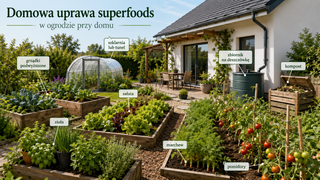 Przydomowy ogród z grządkami podwyższonymi, ziołami, sałatą, marchewką, pomidorami, tunelem uprawowym, kompostownikiem i zbiornikiem na deszczówkę.