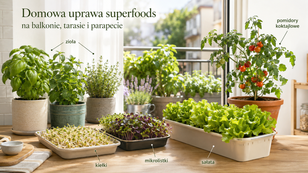 Domowa uprawa superfoods na parapecie i balkonie: doniczki z ziołami, tacki z kiełkami i mikrolistkami, pojemnik z sałatą oraz krzak pomidorów koktajlowych.