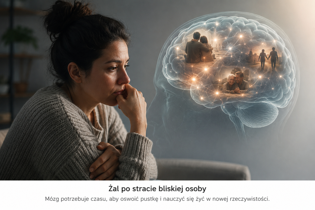 Osoba pogrążona w zadumie siedzi z dłonią opartą o twarz, obok widoczna jest półprzezroczysta wizualizacja mózgu z rozświetlonymi połączeniami nerwowymi i wspomnieniami symbolizującymi żal po stracie bliskiej osoby oraz proces adaptacji do życia po stracie.