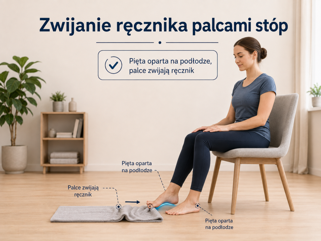 Zwijanie ręcznika palcami stóp odciążenie kręgosłupa, na ból pleców